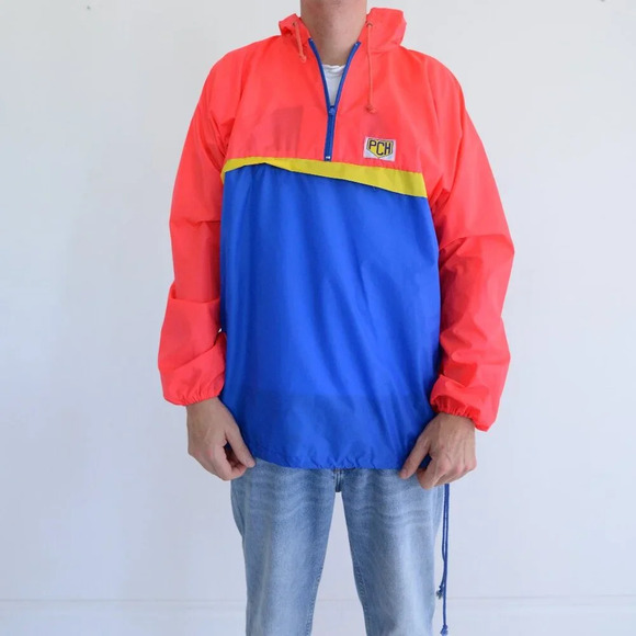 Vintage Pch Neon Orange Blue Waterproof Nylon Hooded Half Zip Windbreaker Jacket - Picture 1 of 10